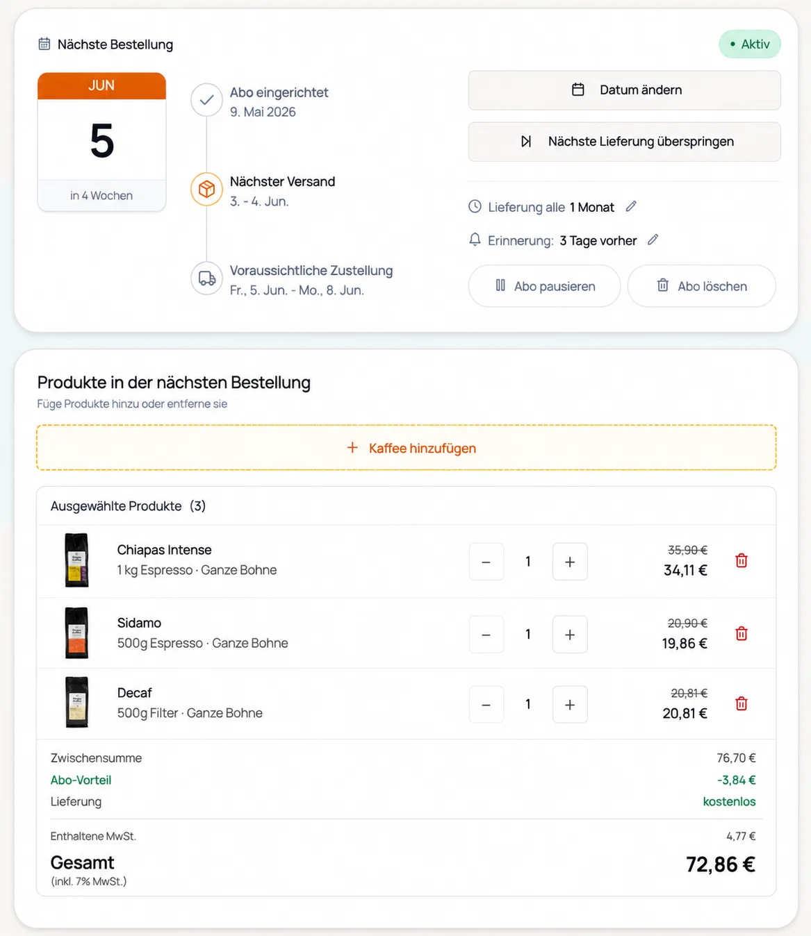 Happy Coffee Abo-Dashboard: nächste Lieferung, ausgewählte Bohnen, Pause- und Kündigungs-Buttons sichtbar