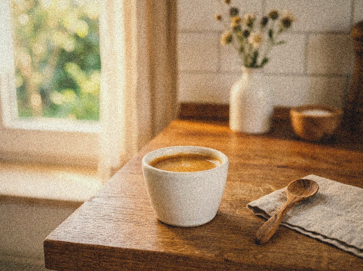 KI-generierter, markenneutraler Lifestyle-Render eines Espresso-Moments. Keine Produktabbildung der Saeco Xelsis Deluxe SM8785/00; bildet die Kaffee-Atmosphäre ohne Maschinenreproduktion ab. UWG §5 konform.