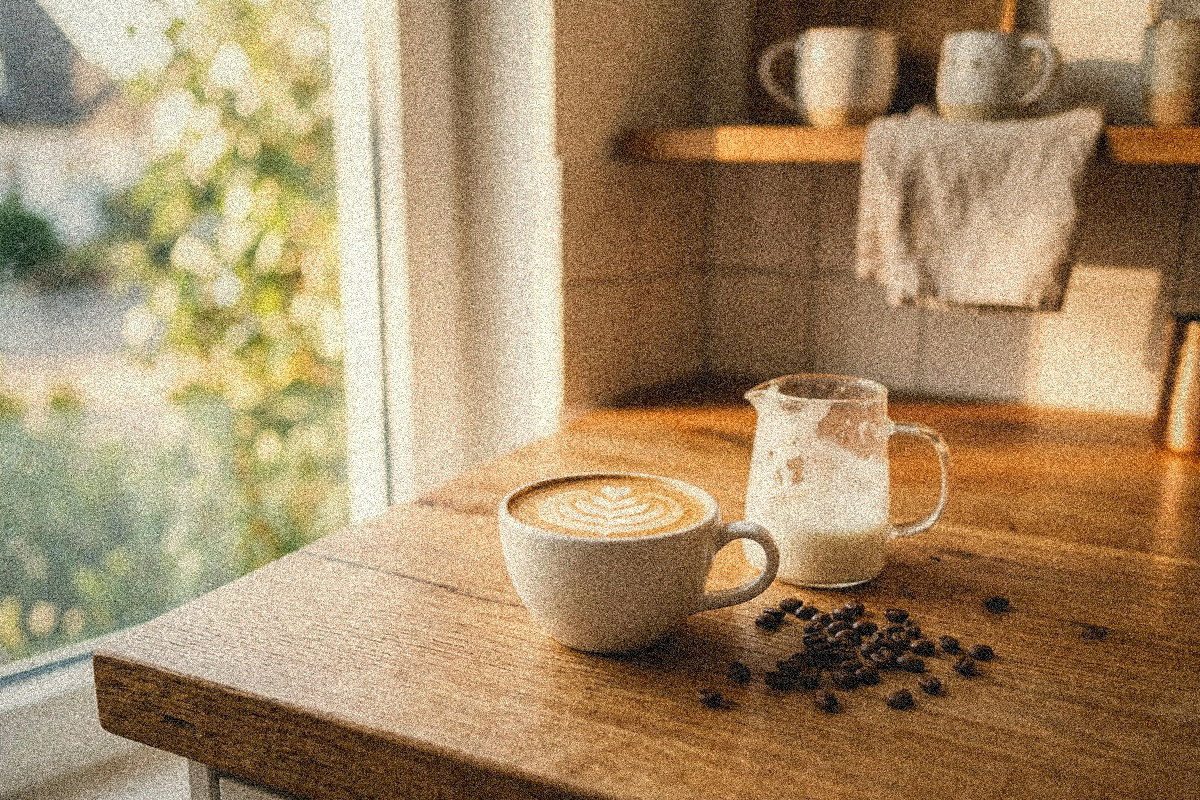 AI-generated specialty-coffee kitchen moment (no chassis visible): cappuccino with rosetta latte art on oak counter, glass milk pitcher, scattered beans, morning window light. Main_image for /de-de/e/philips-ep5447-90 + /en-de/e/philips-ep5447-90 + blog-post review variants.